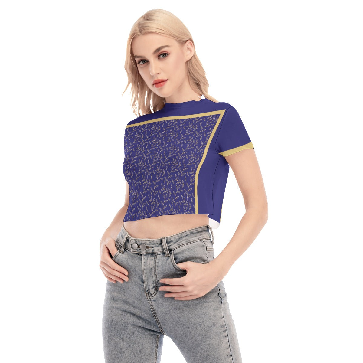 Super Bloom Collection Women's Short Sleeves Mesh Crop Top. Pattern hand-painted by the Designer Maria Alejandra Echenique
