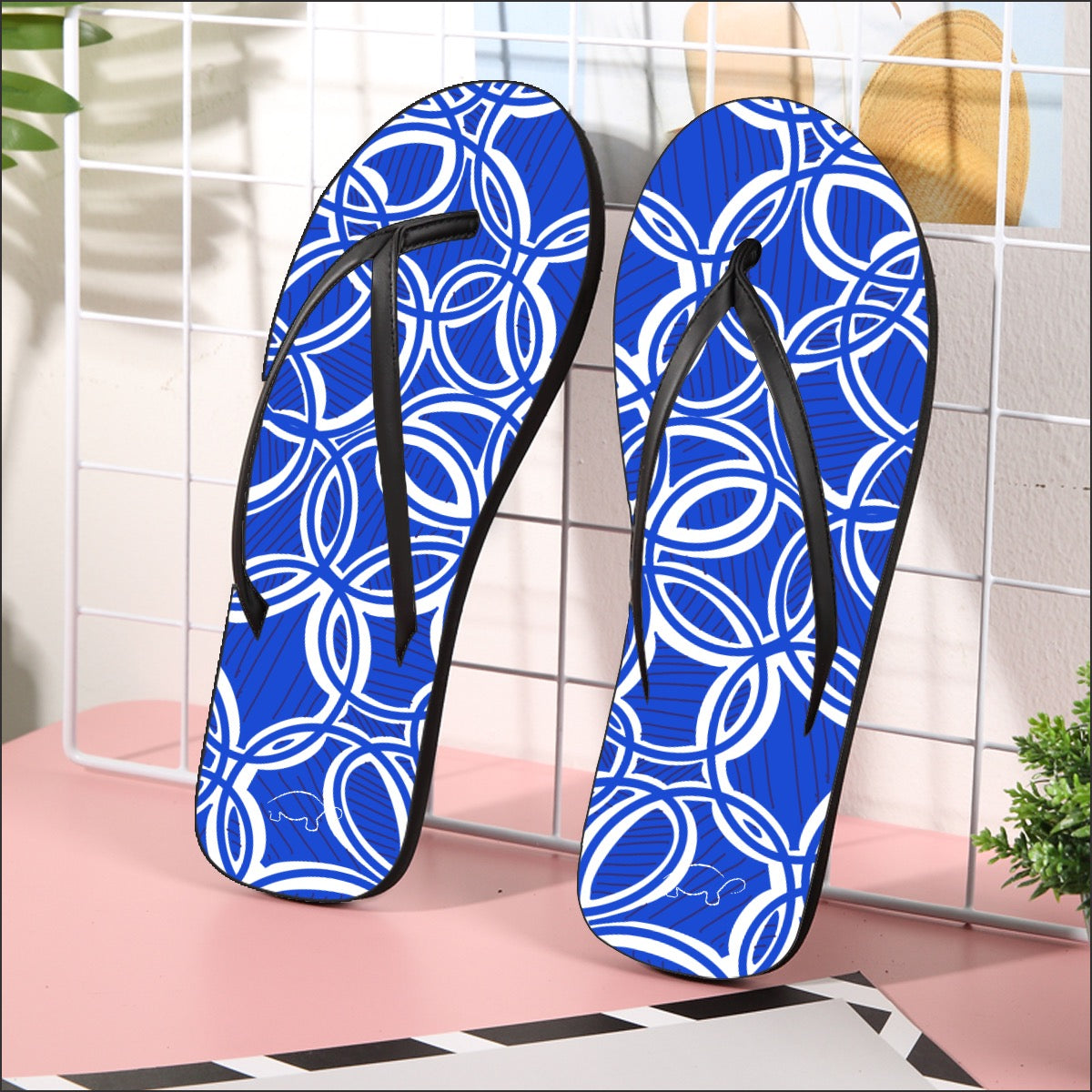 Geometric Blue/white Flip Flops. Footwear. Beach wear. Design hand-painted by the Designer Maria Alejandra Echenique