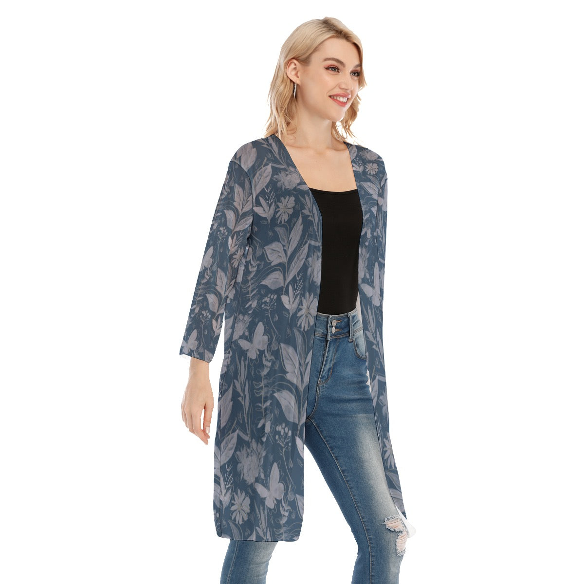 Watercolor Blue V-neck Mesh Cardigan. Mesh Kimono. Houston Collection. Design hand-painted by the Designer Maria Alejand