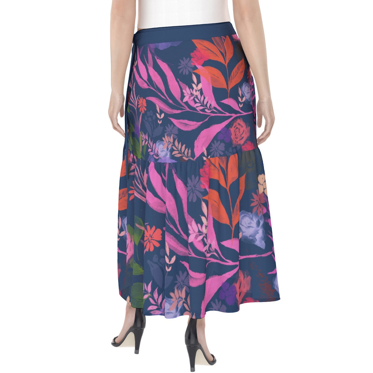 Multicolor Flowers Blue Women's Wrap Skirt. Houston Collection. Design hand-painted by the Designer