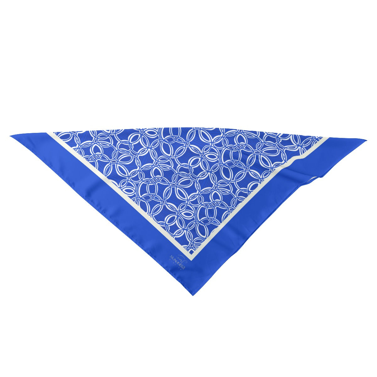 Geometric Blue and White Silk Scarf. Design hand-painted by the Designer Maria Alejandra Echenique