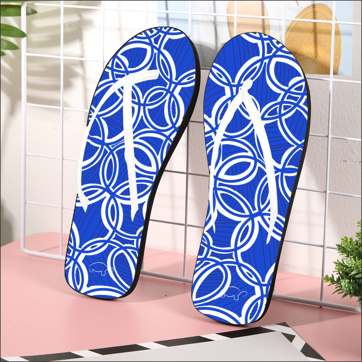 Geometric Blue/white Flip Flops. Footwear. Beach wear. Design hand-painted by the Designer Maria Alejandra Echenique