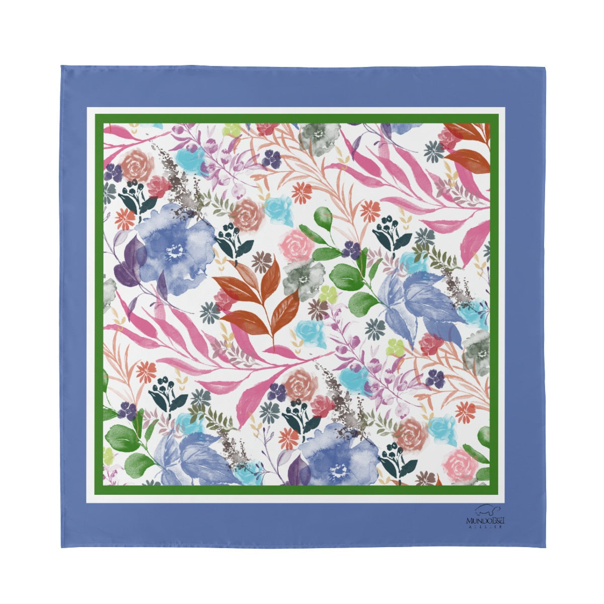 Multicolor Flowers Silk Pareo / Bandana White. Design hand-painted by the Designer Maria Alejandra Echenique