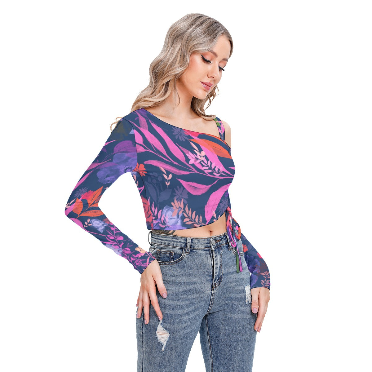 Multicolor flowers Blue Women's One-shoulder Blouse With Drawstring. Houston Collection. Design hand-painted by the Designer Maria Alejandra Echenique
