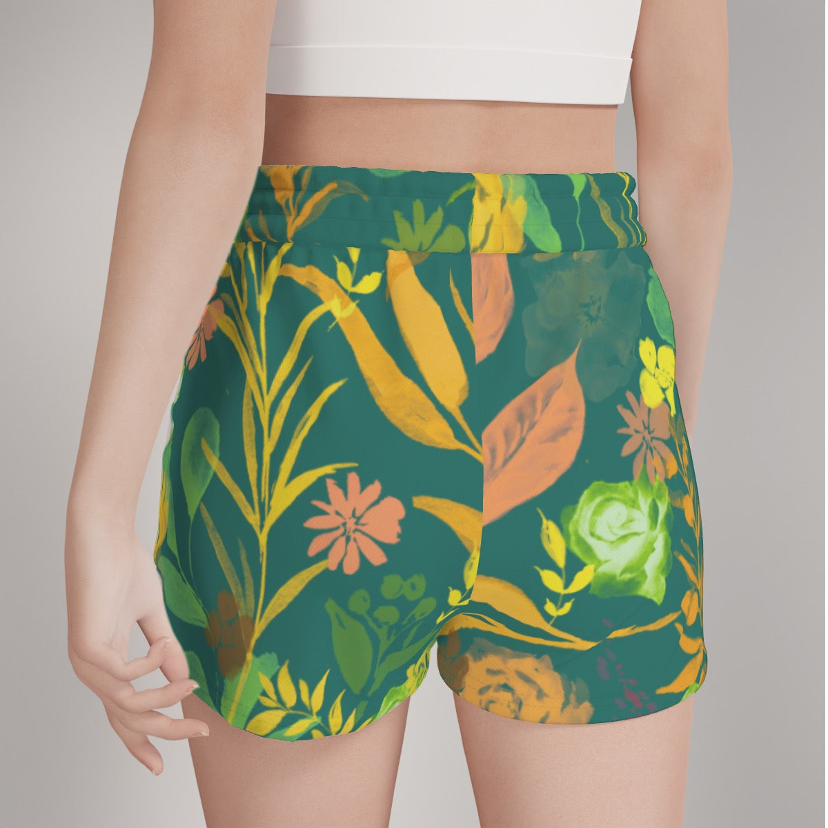 Multicolor Flowers Green Casual Shorts. Design hand-painted by the Designer Maria Alejandra Echenique