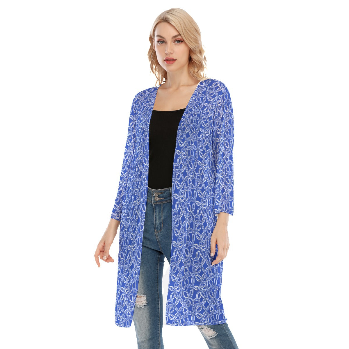 Geometric Blue/White Mesh Cardigan. Mesh Tunic. Cover up. Design hand-painted