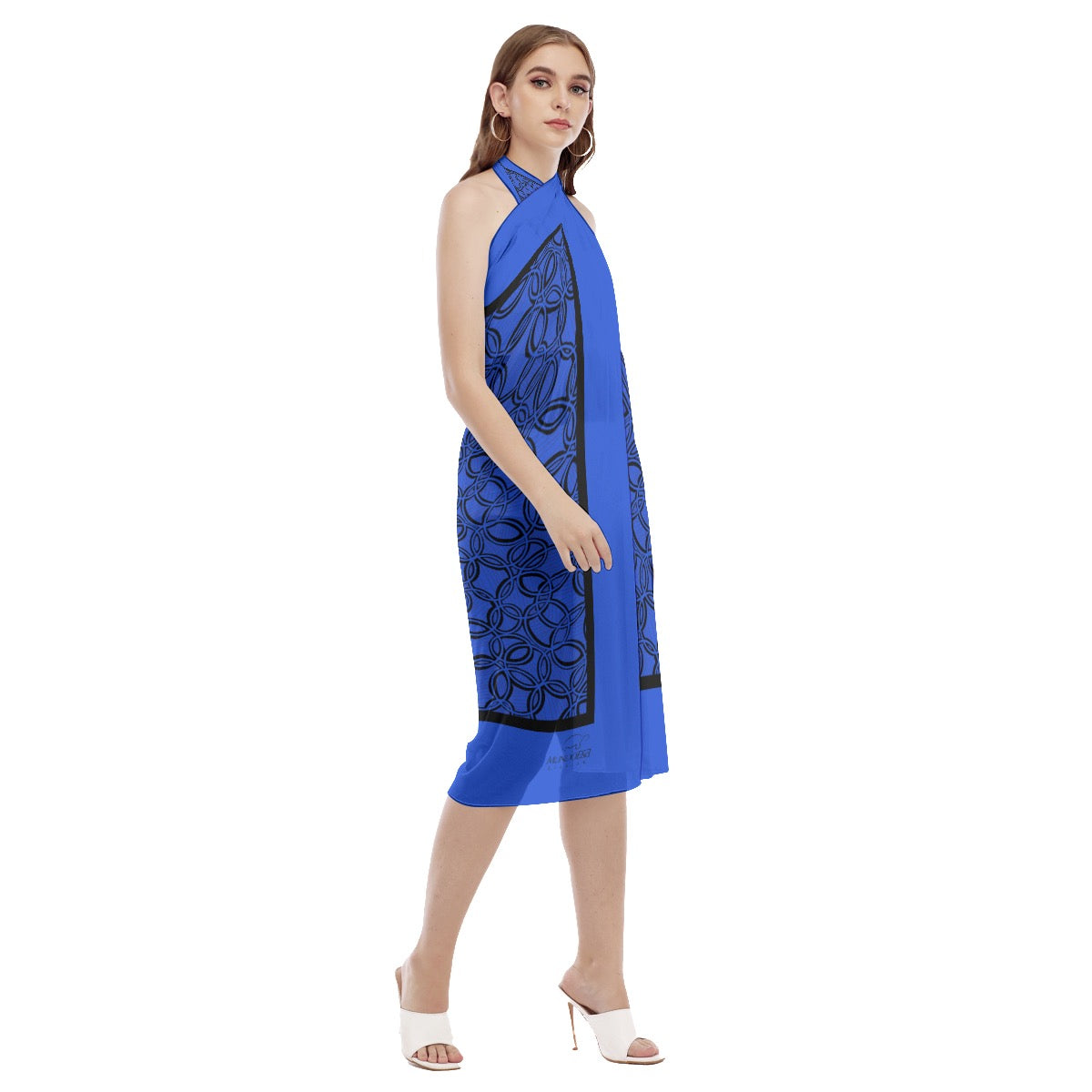 Geometric Blue & Black Women's Beach Dress. Pattern hand-painted by the Designer Maria Alejandra Echenique