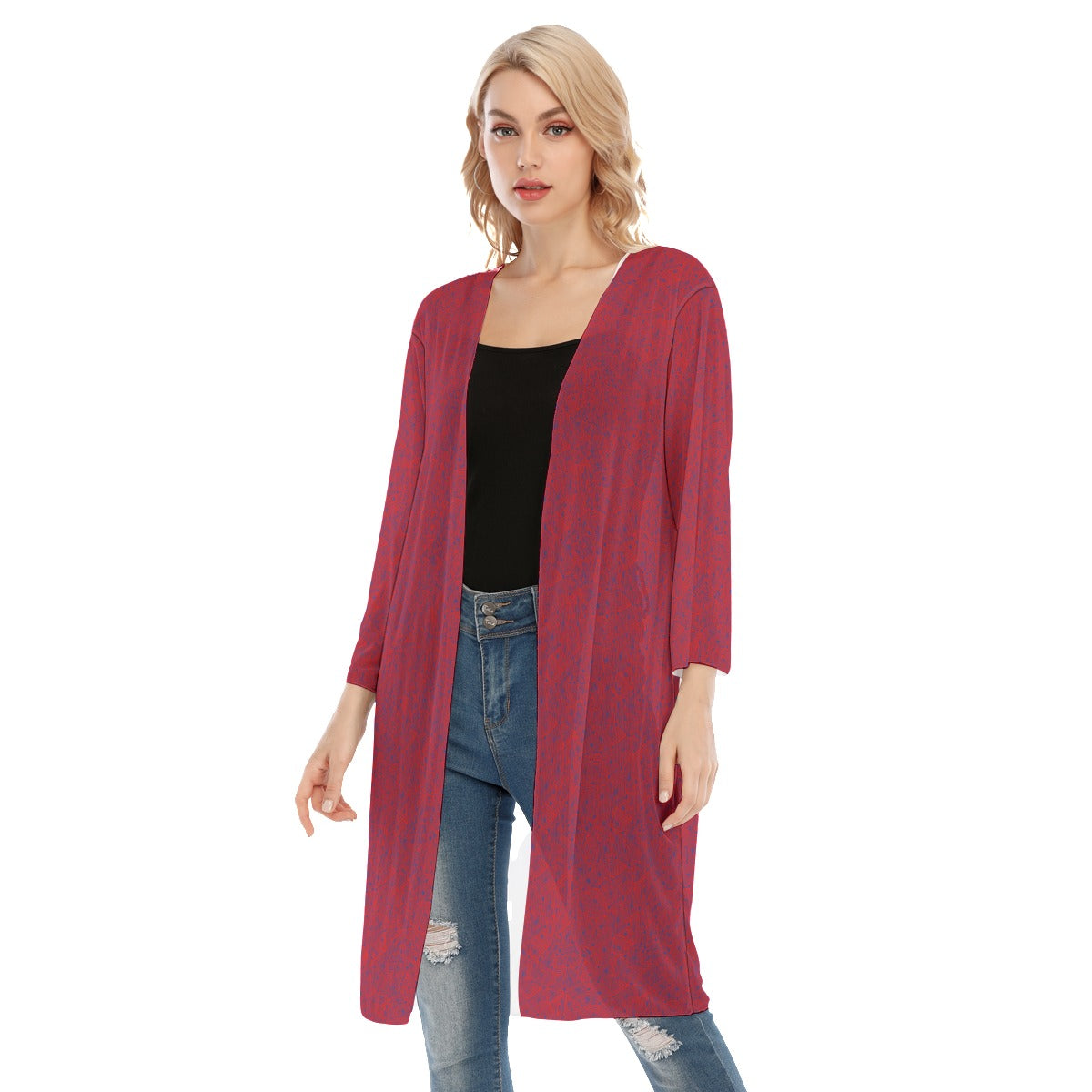 Geometric Red and Blue V-neck Mesh Cardigan. Mesh Tunic. Mesh Kimono. Design hand-painted by the Des