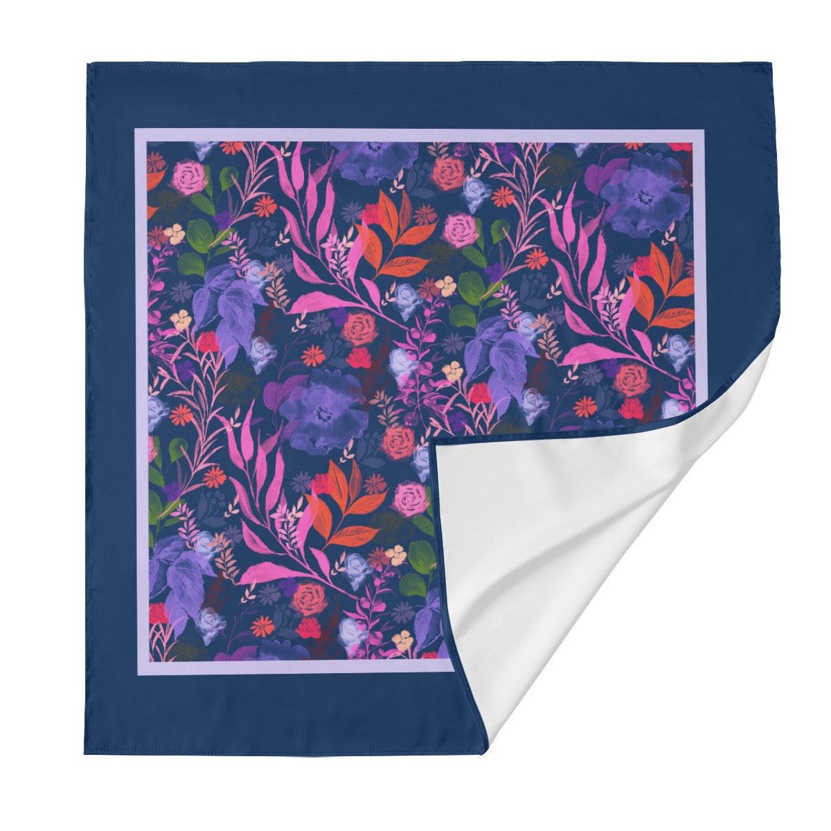 Multicolor Flowers Blue Silk Bandana. Design hand-painted by the Designer Maria Alejandra Echenique
