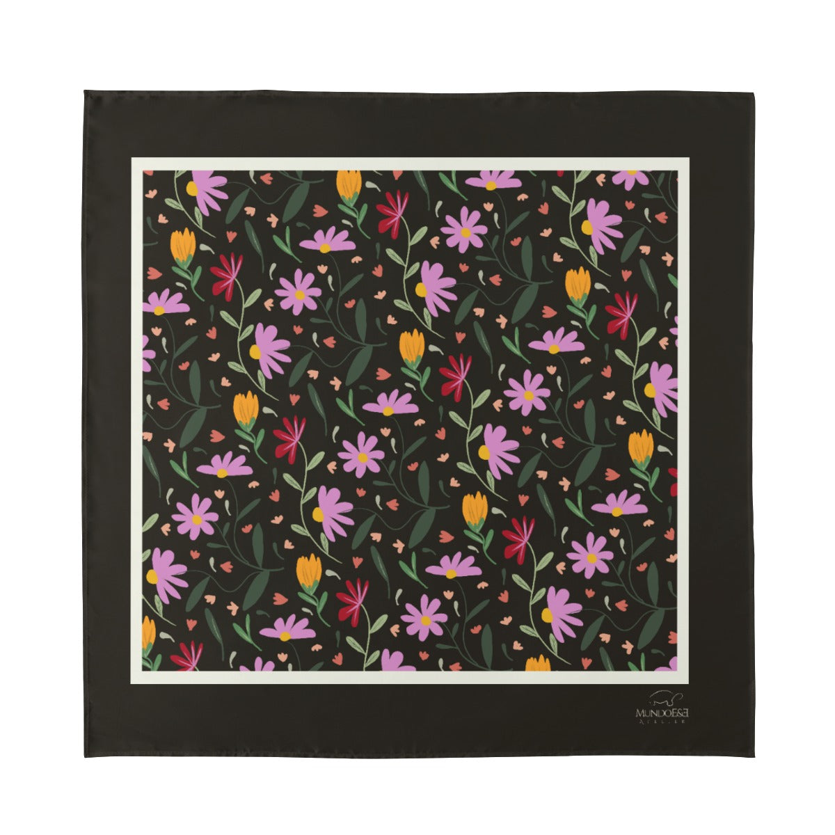Botanical Black Silk Scarf. Pattern hand-painted by the Designer Maria Alejandra Echenique
