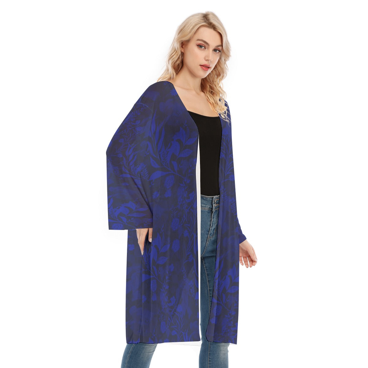 Caracas Collection Blue Long Sleeve Mesh Cardigan. Mesh Kimono. Cover up. Design hand-painted by the Designer Maria Alejandra Echenique