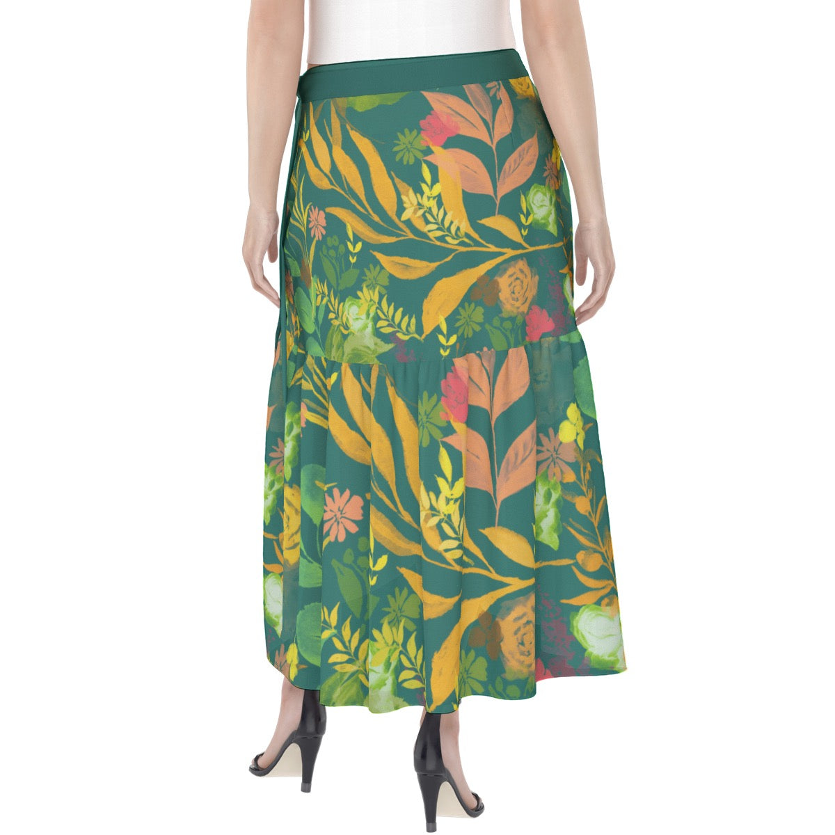 Multicolor Flowers Green Women's Wrap Skirt. Design hand-painted by the Designer Maria Alejandra Echenique