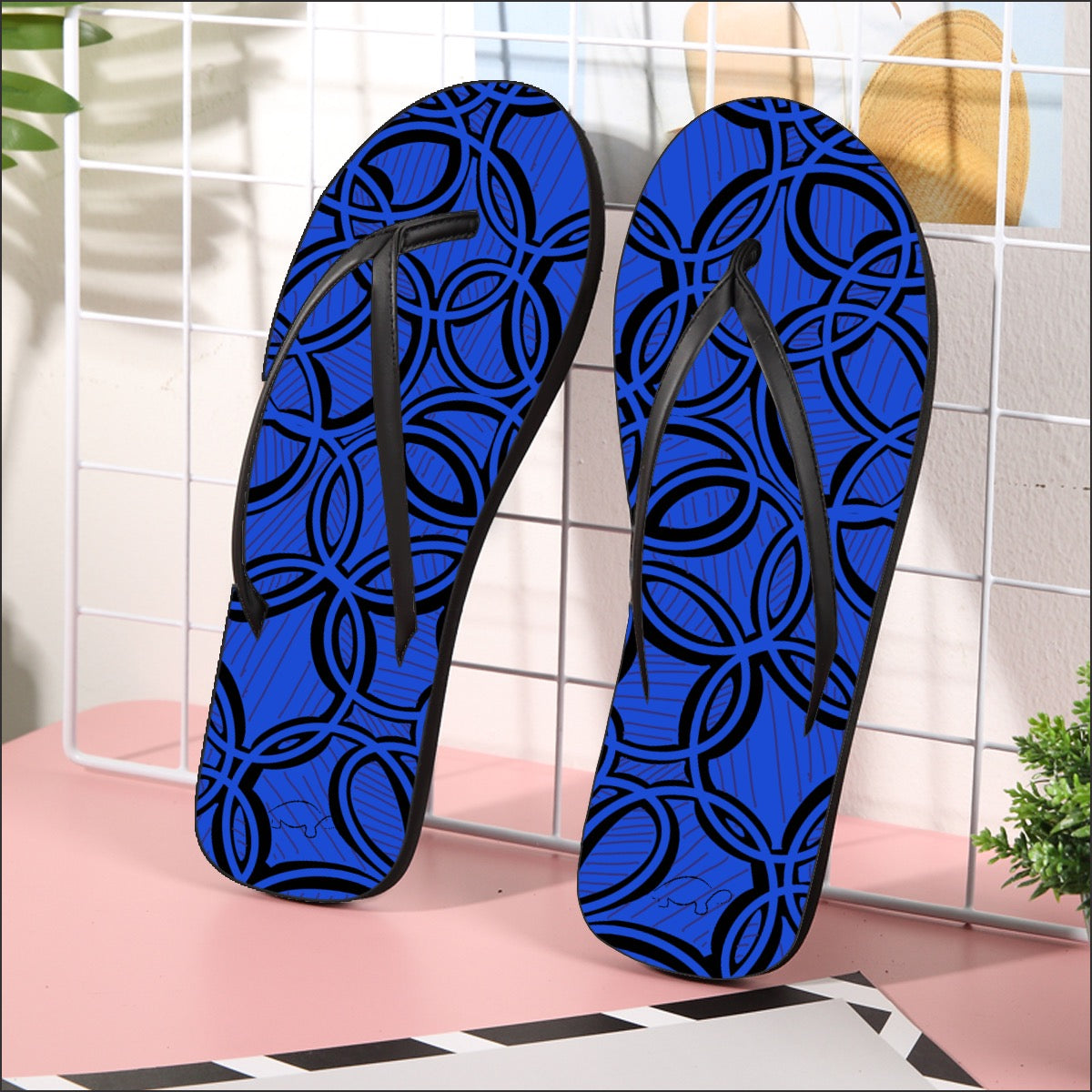 Geometric Dark Blue Women's Flip Flops. Beach wear. Design hand-painted by the Designer Maria Alejandra Echenique