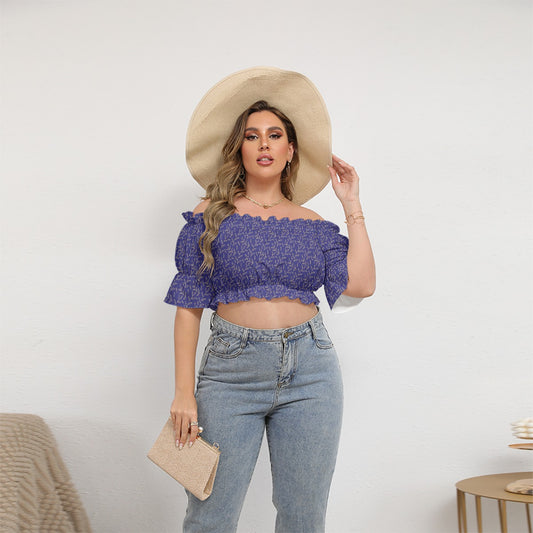Super Bloom Collection Beige Leaves in Blue Women's Off-shoulder Cropped Top With Short Puff Sleeve. Pattern hand-painted by the Designer Maria Alejandra Echenique