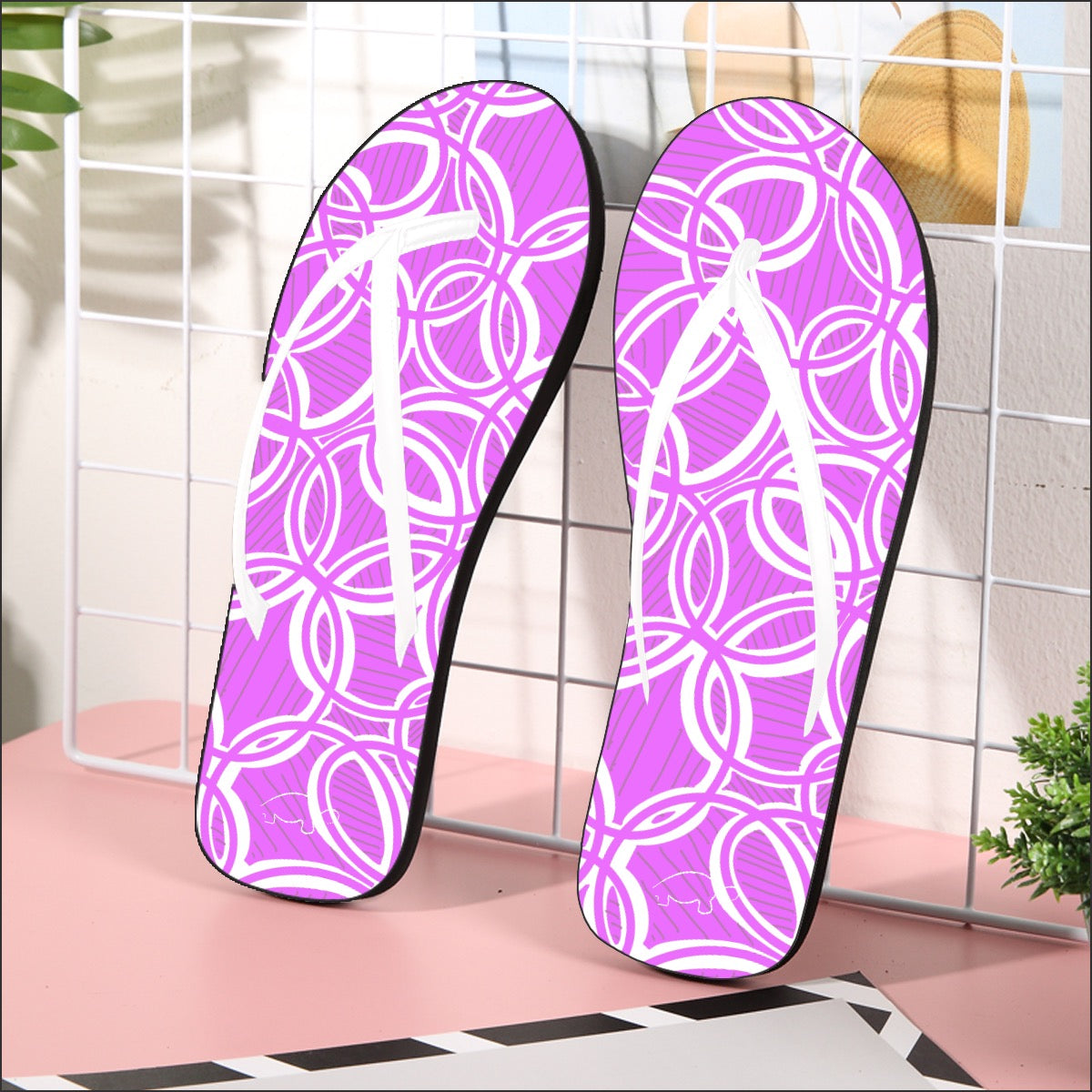 Geometric Pink Women's Flip Flops. Design hand-painted by the Designer Maria Alejandra Echenique.
