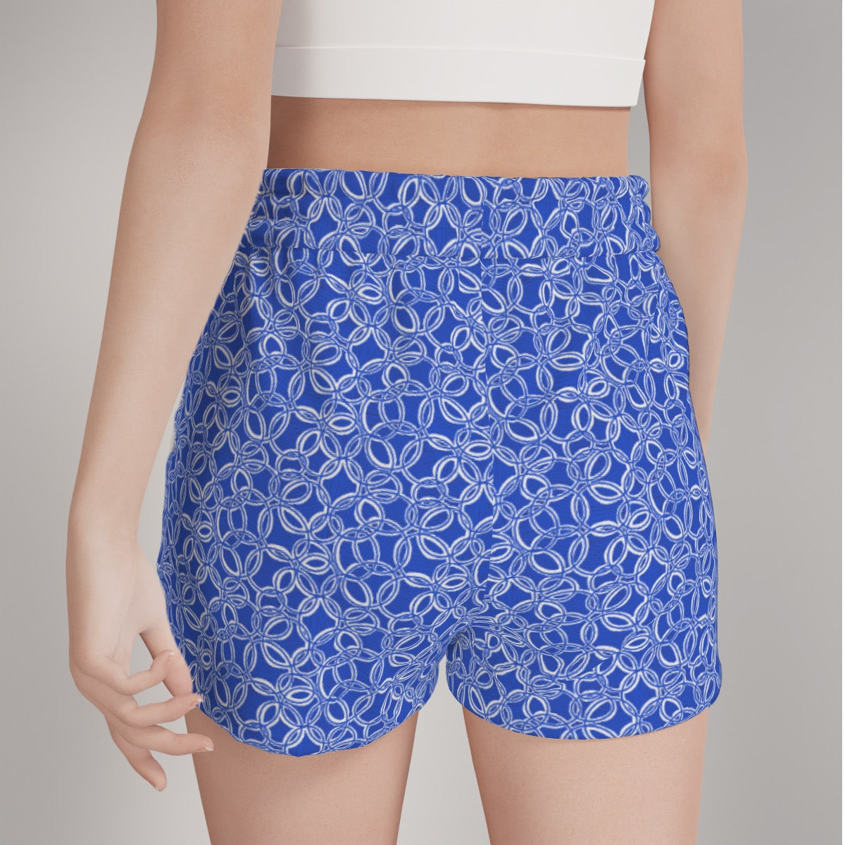 Geometrical Blue & White Women's Casual Shorts. Pattern hand-painted by the Designer Maria Alejandra Echenique