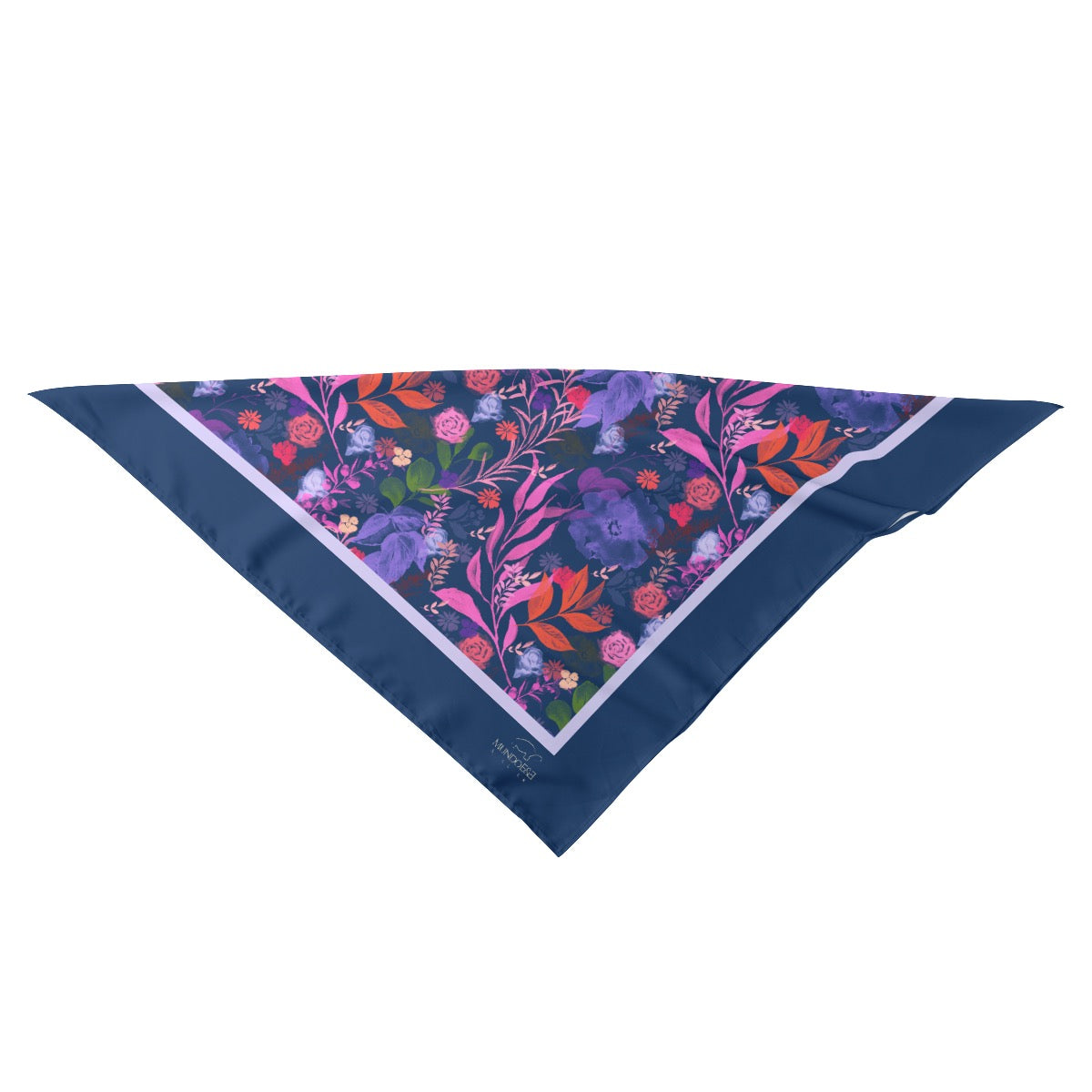 Multicolor Flowers Blue Silk Bandana. Design hand-painted.