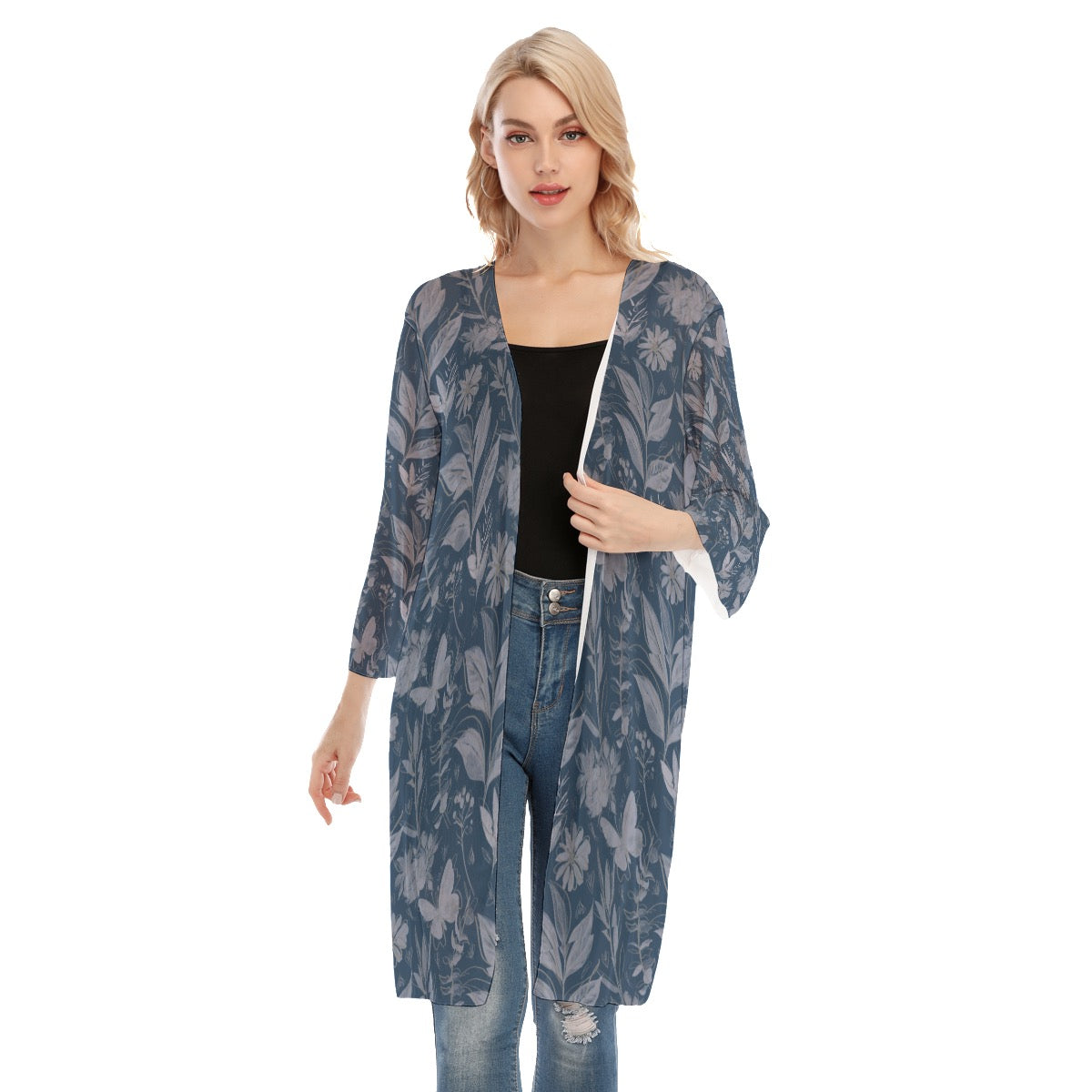 Watercolor Blue V-neck Mesh Cardigan. Mesh Kimono. Houston Collection. Design hand-painted by the Designer Maria Alejand