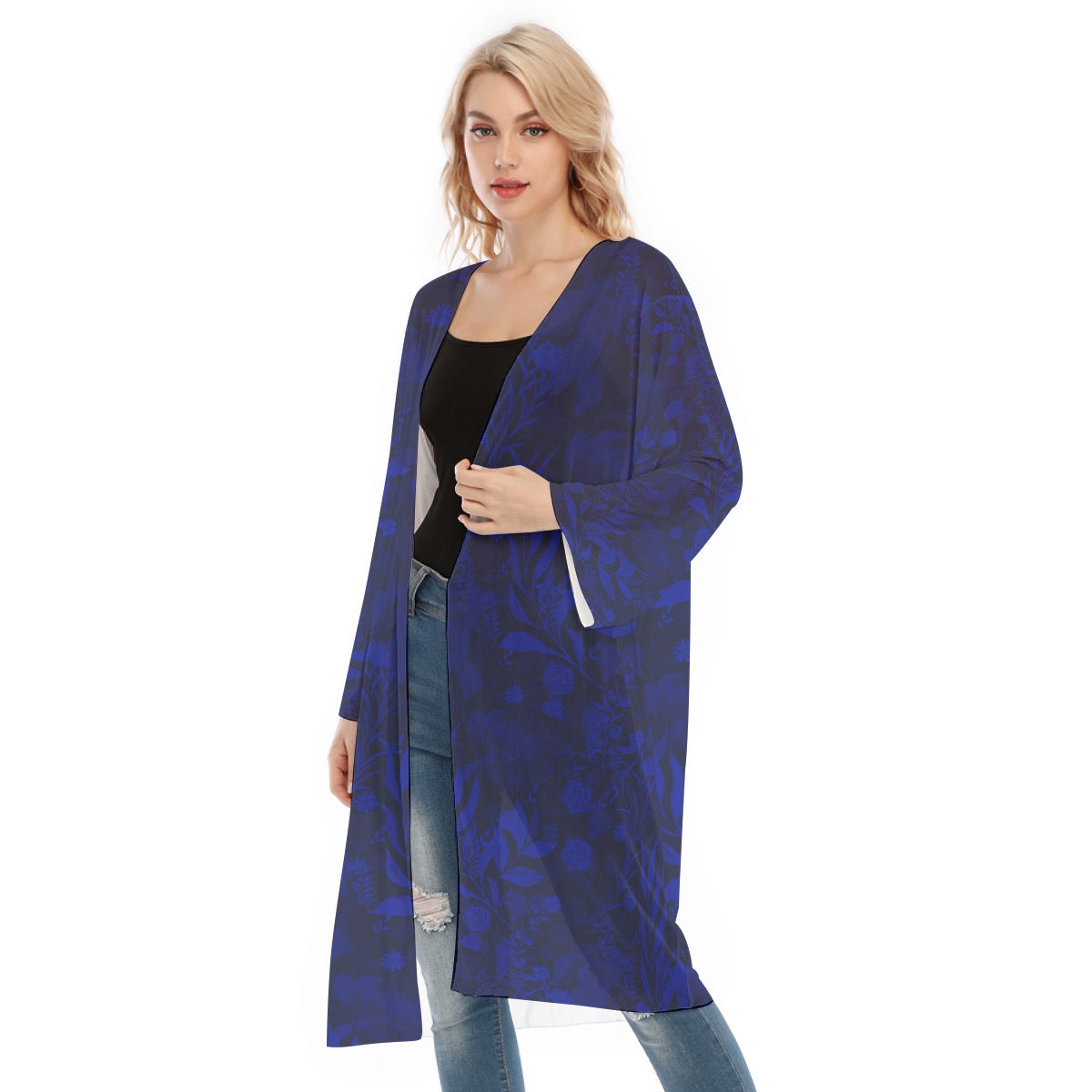 Caracas Collection Blue Long Sleeve Mesh Cardigan. Mesh Kimono. Cover up. Design hand-painted by the Designer Maria Alejandra Echenique