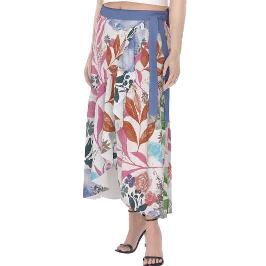 Multicolor Flowers White Wrap Skirt. Design hand-painted by the Designer Maria Alejandra Echenique