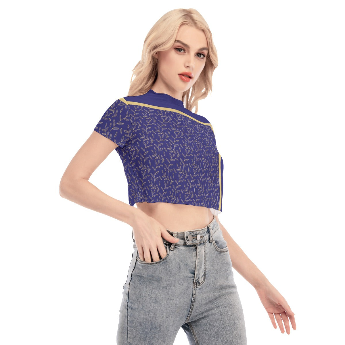 Super Bloom Collection Women's Short Sleeves Mesh Crop Top. Pattern hand-painted by the Designer Maria Alejandra Echenique