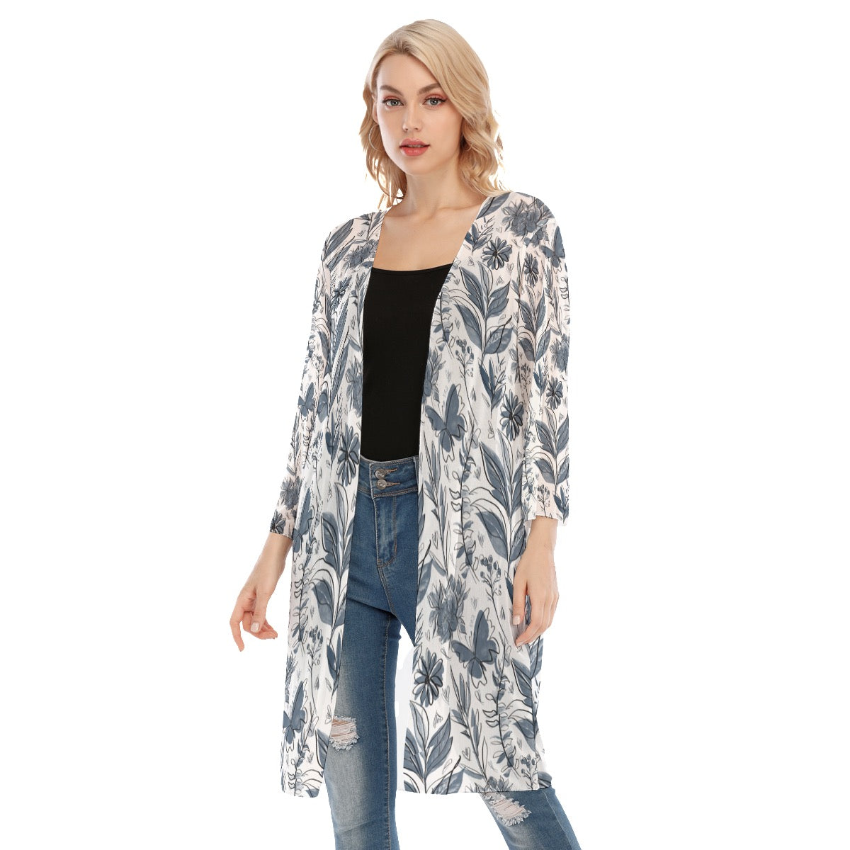 Watercolor White and Blue V-neck Mesh Cardigan. Houston collection. Design hand-painted by the Designer Maria Alejandra Echenique