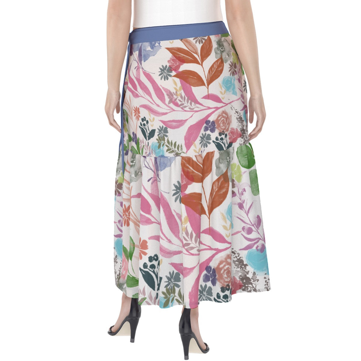 Multicolor Flowers White Wrap Skirt. Design hand-painted by the Designer Maria Alejandra Echenique