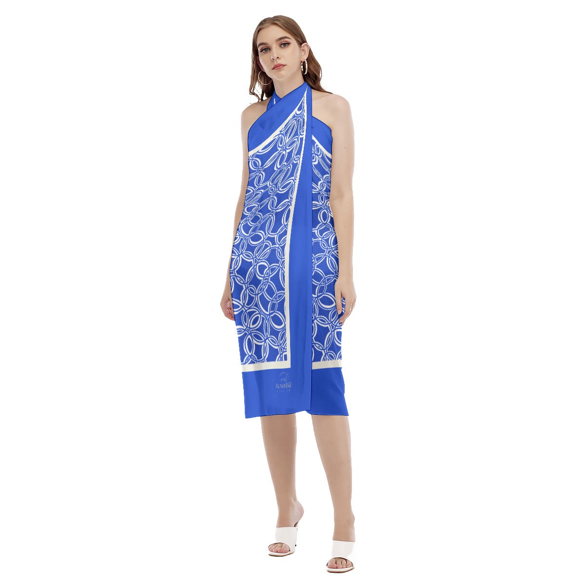Geometric Blue/White Women's Beach Dress. Cover up. Design hand-painted by the Designer Maria Alejan